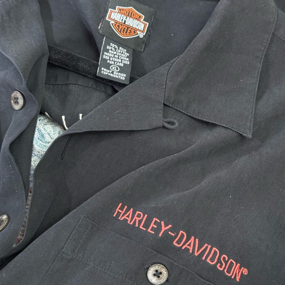Harley-Davidson Black Silk Blend Button Down Shirt Biker Embroidered Size XL - Picture 5 of 7
